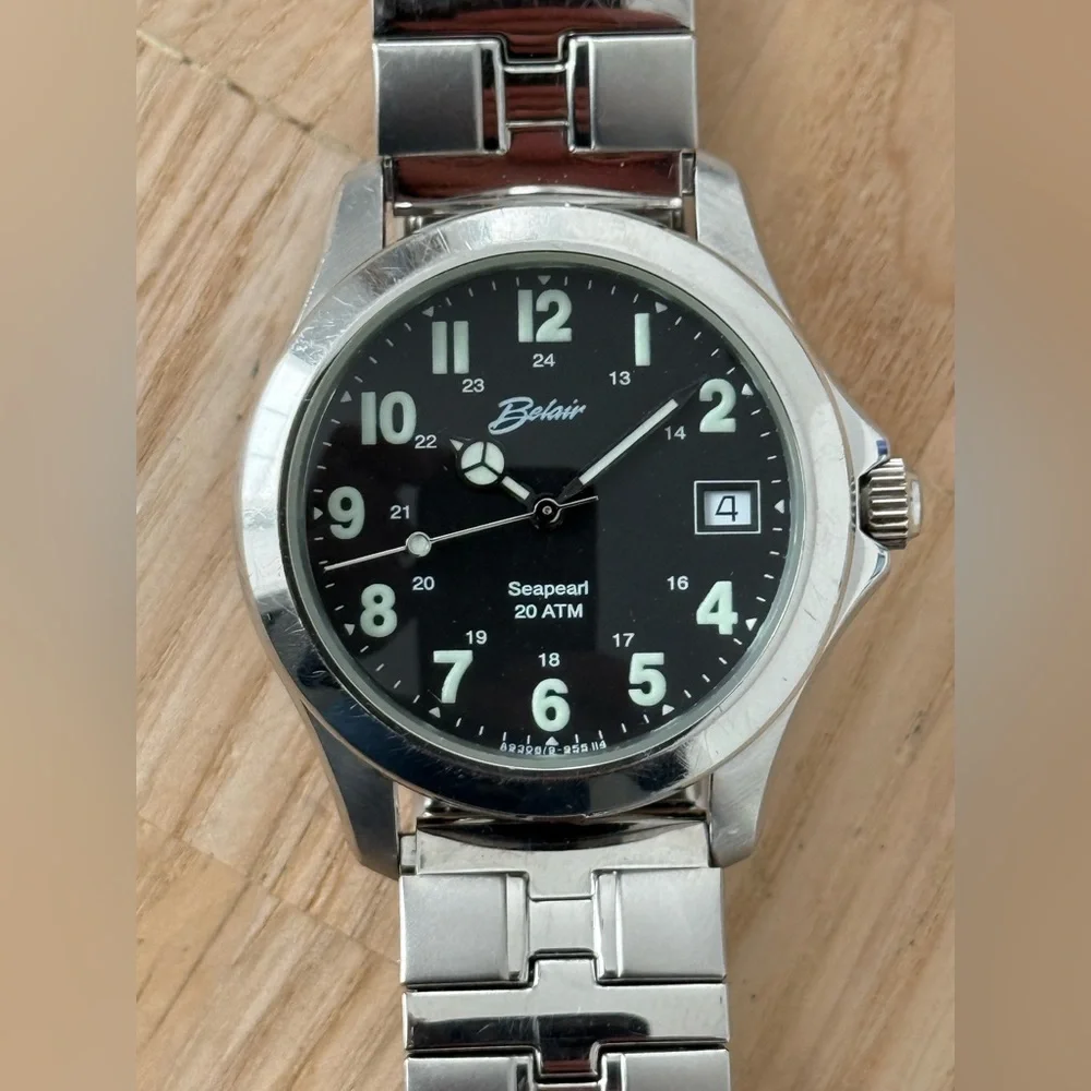 Belair Seapearl 20 ATM Rare Luxury Watch Black Dial Stretch Bracelet Date Window